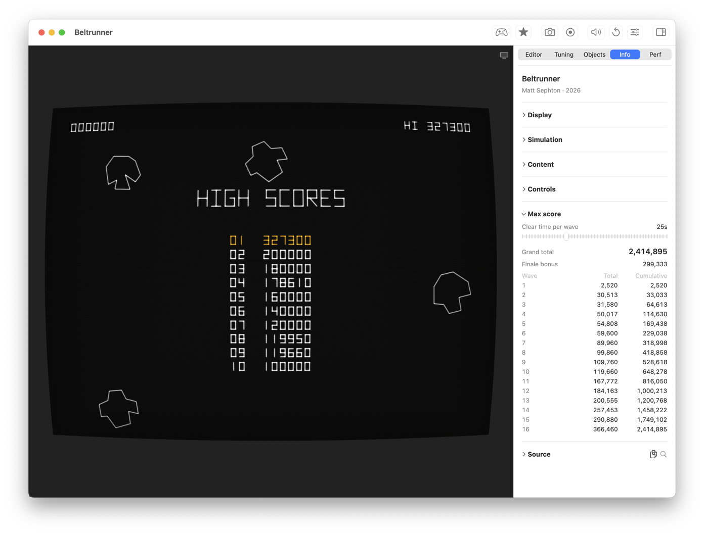 The <em>Jinks</em> IDE on macOS, with <em>BELTRUNNER</em> running beside the inspector